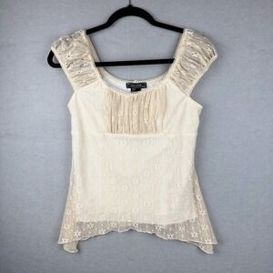 Vtg Women's Stretch Lace Sleeveless Top Sz L Cream Ivory Y2K Coquette Romantic